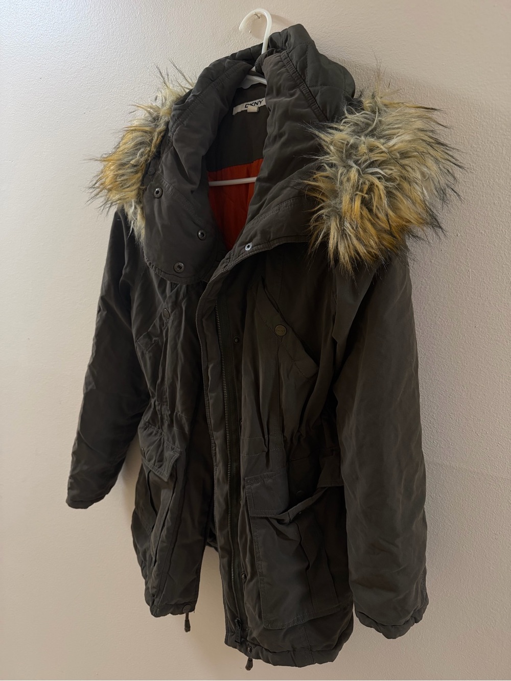 DKNY Olive Green Utility Parka with Faux Fur Trim